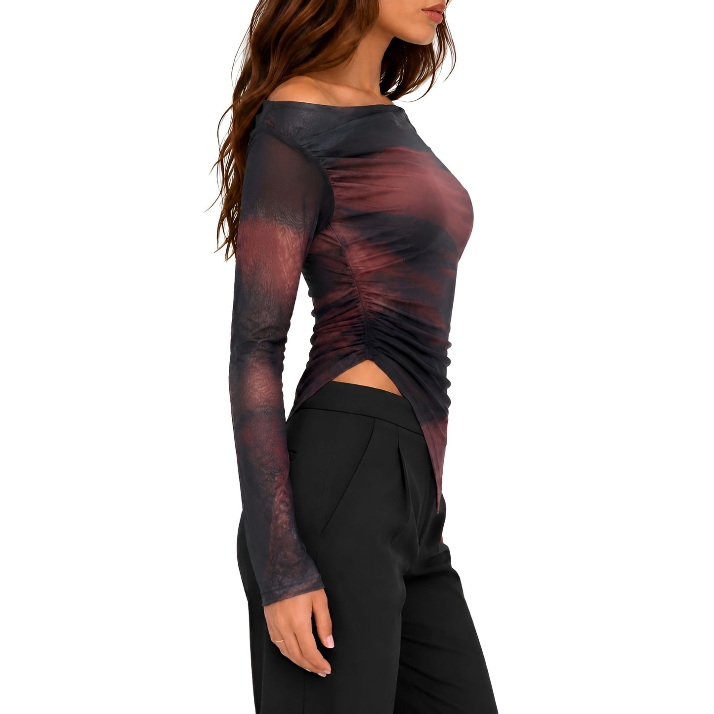 Long Sleeve Mesh Top - Brown