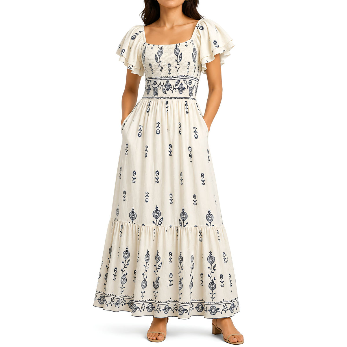 Cream Embroidered Maxi Dress