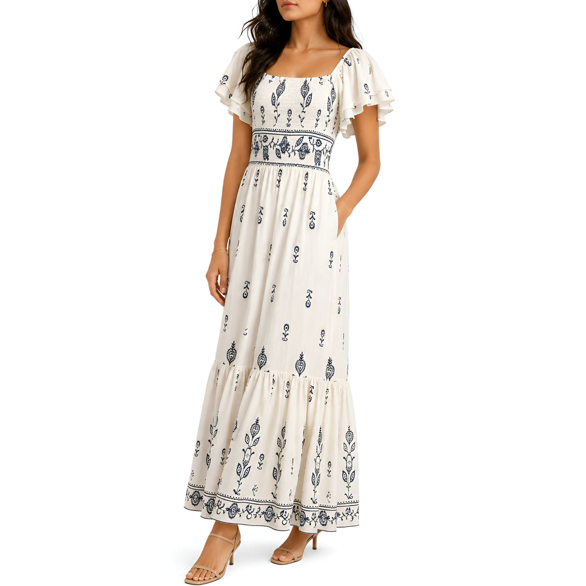 Cream Embroidered Maxi Dress