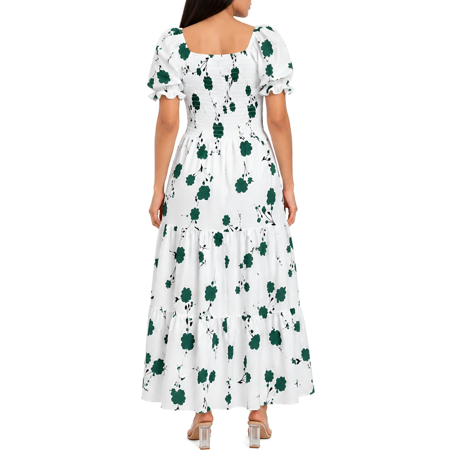 Green & White Floral Smocked Maxi Dress