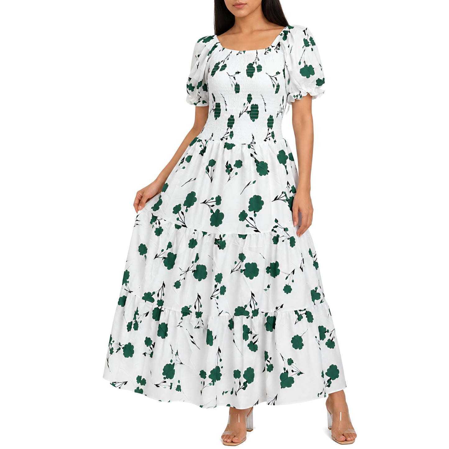 Green & White Floral Smocked Maxi Dress