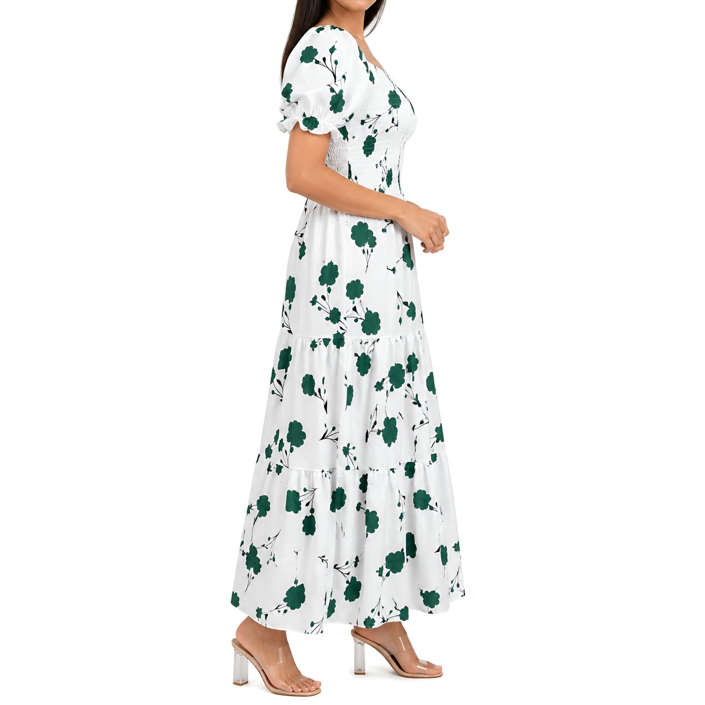 Green & White Floral Smocked Maxi Dress