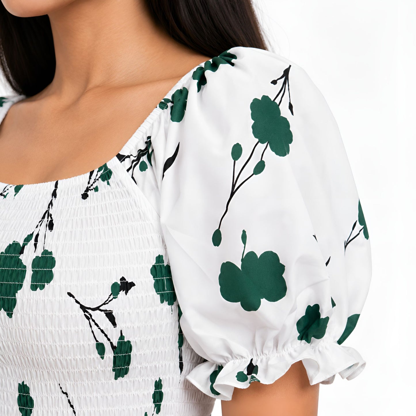 Green & White Floral Smocked Maxi Dress