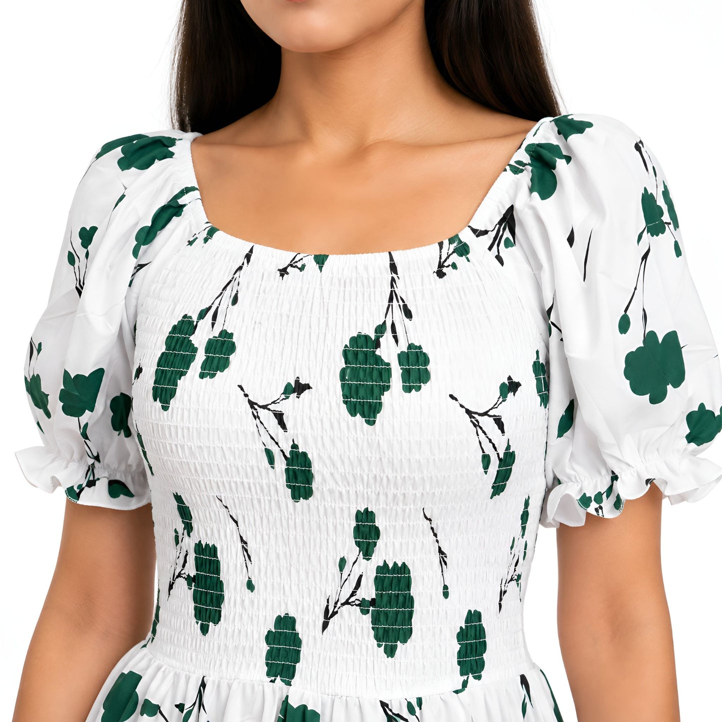 Green & White Floral Smocked Maxi Dress
