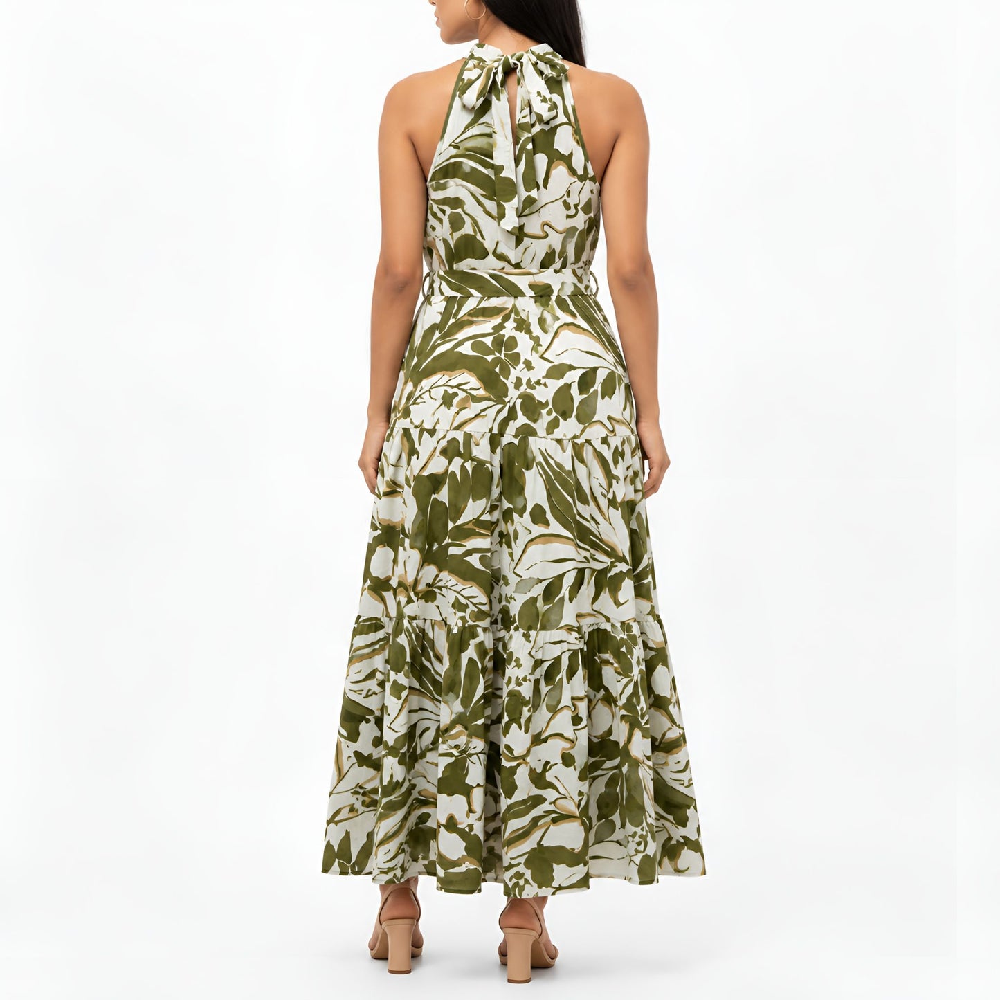 Olive Floral Halter Neck Maxi Dress
