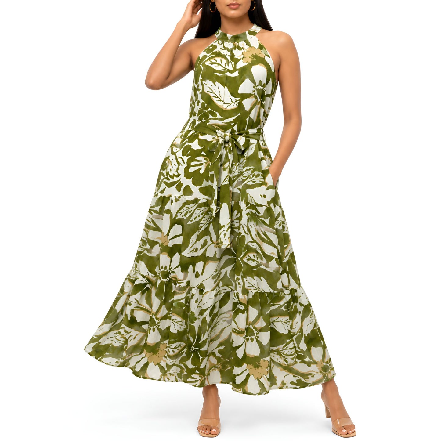 Olive Floral Halter Neck Maxi Dress