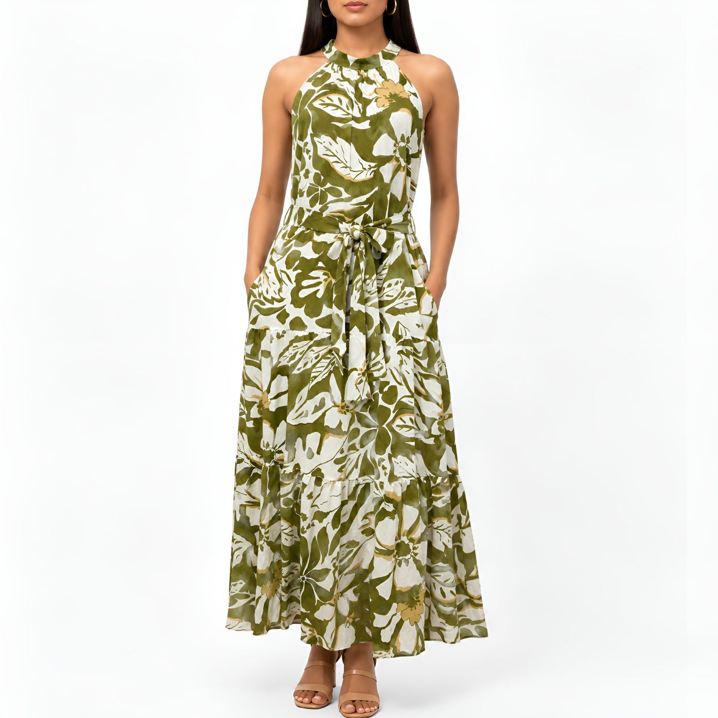 Olive Floral Halter Neck Maxi Dress