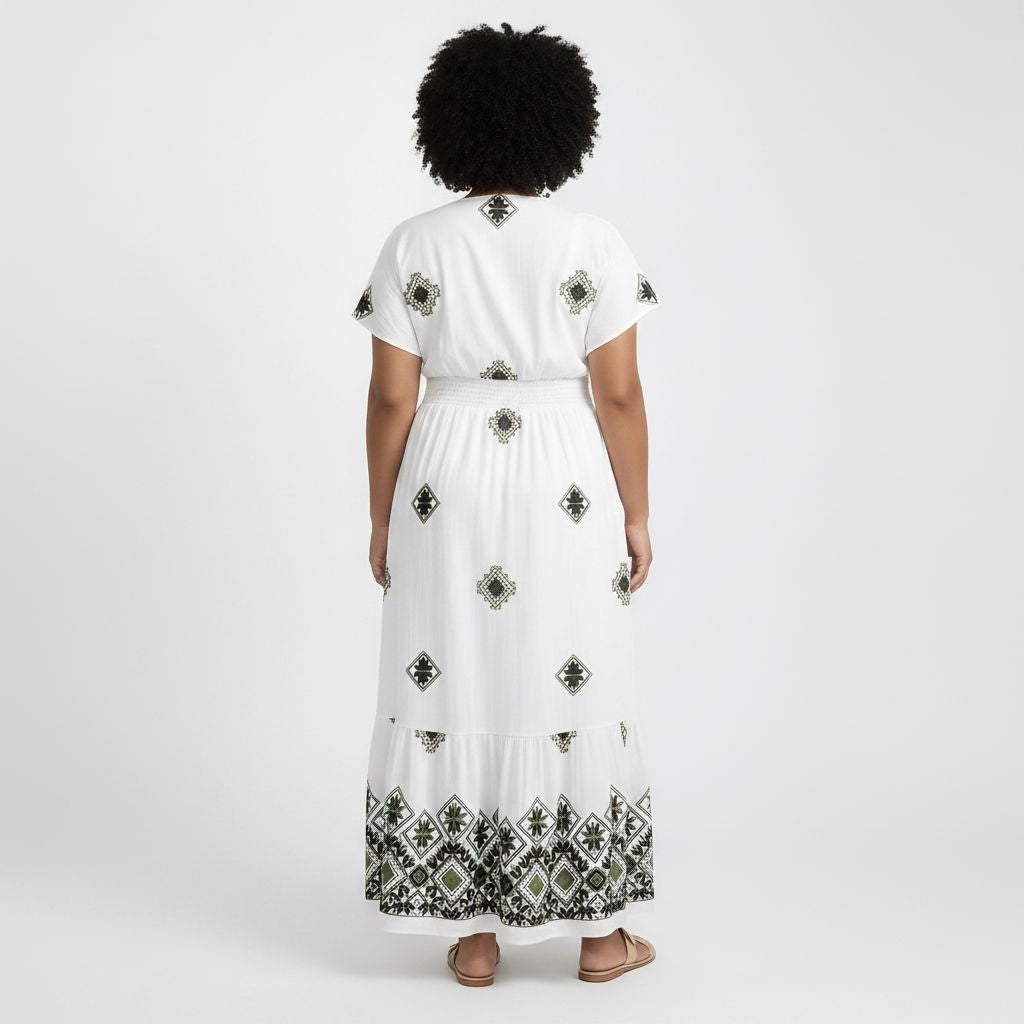 White/Green Embroidered Dress