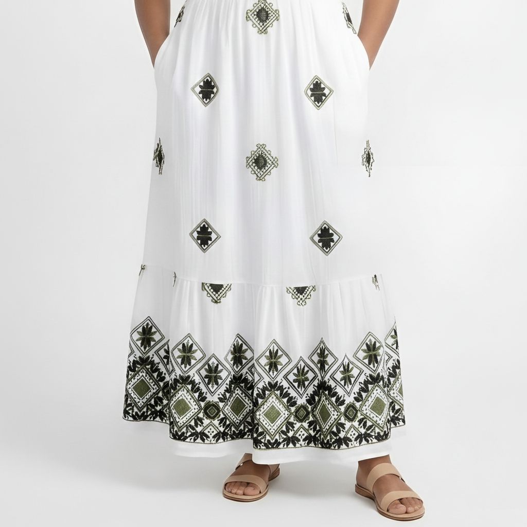 White/Green Embroidered Dress