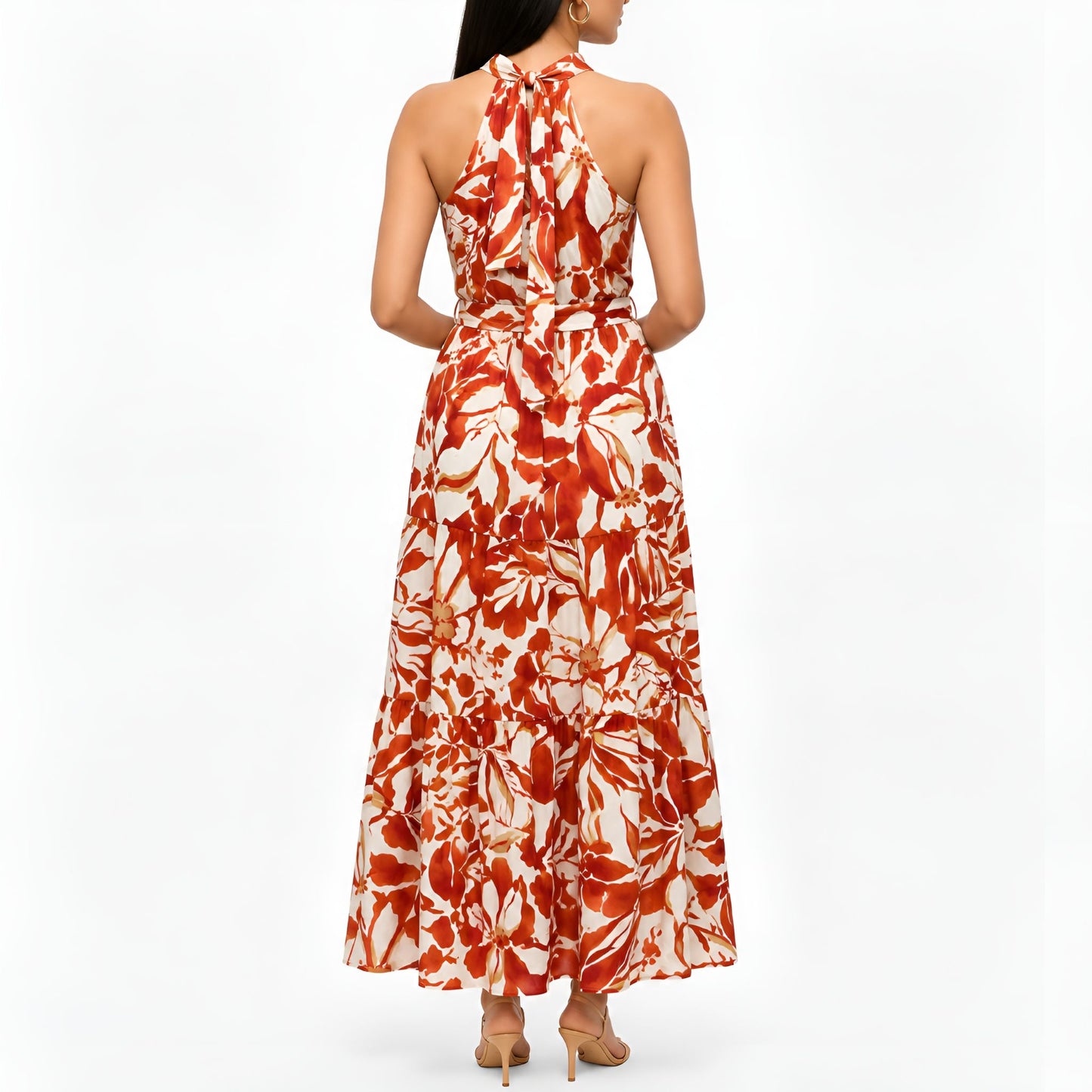 Orange Floral Halter Neck Maxi Dress