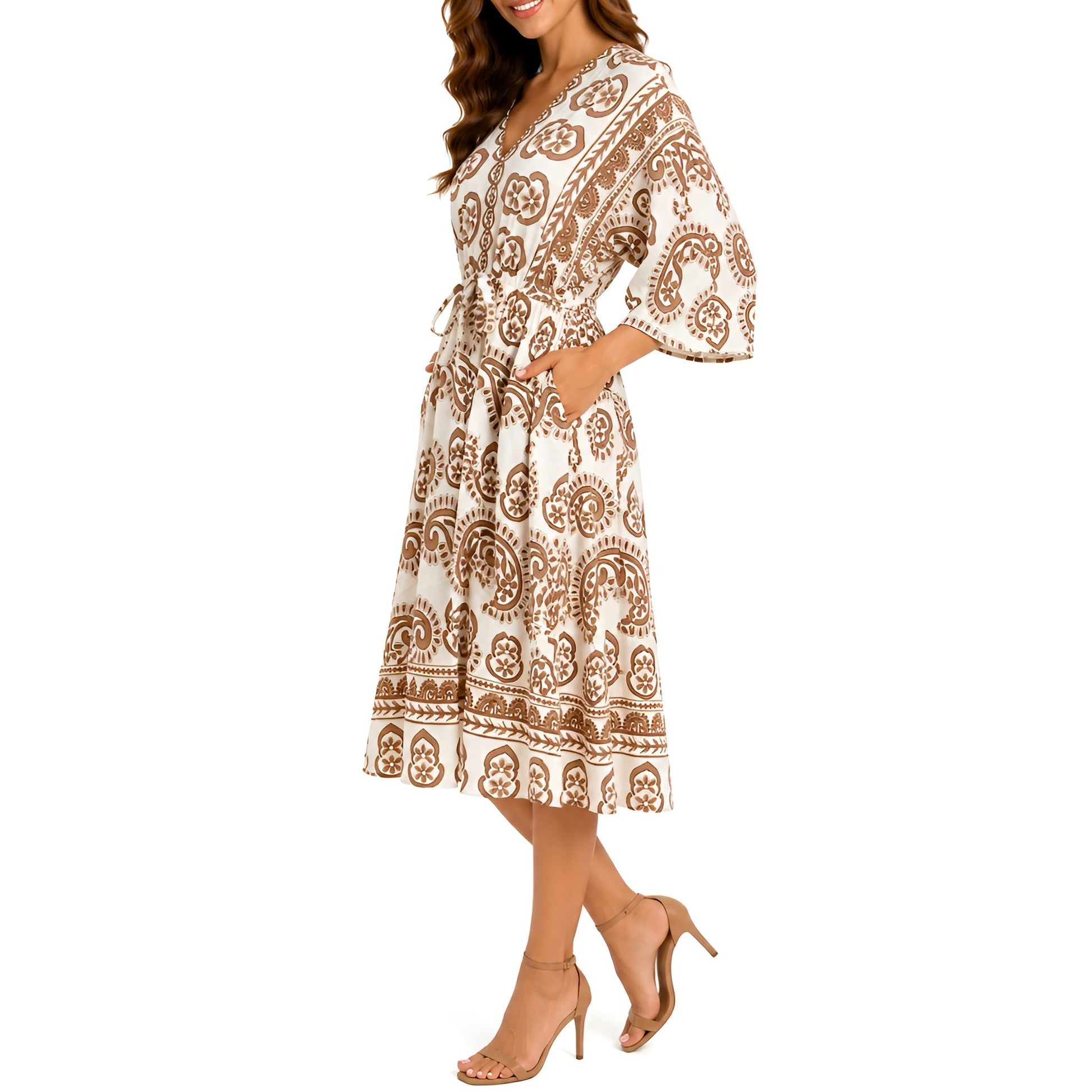 Paisley V-Neck Midi Dress1 - Brown