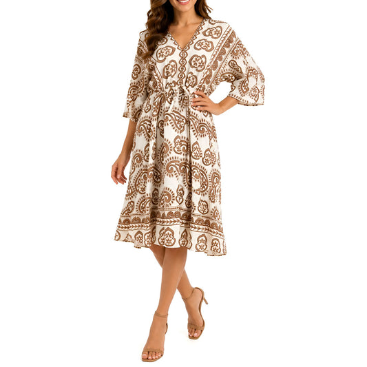 Paisley V-Neck Midi Dress - Brown