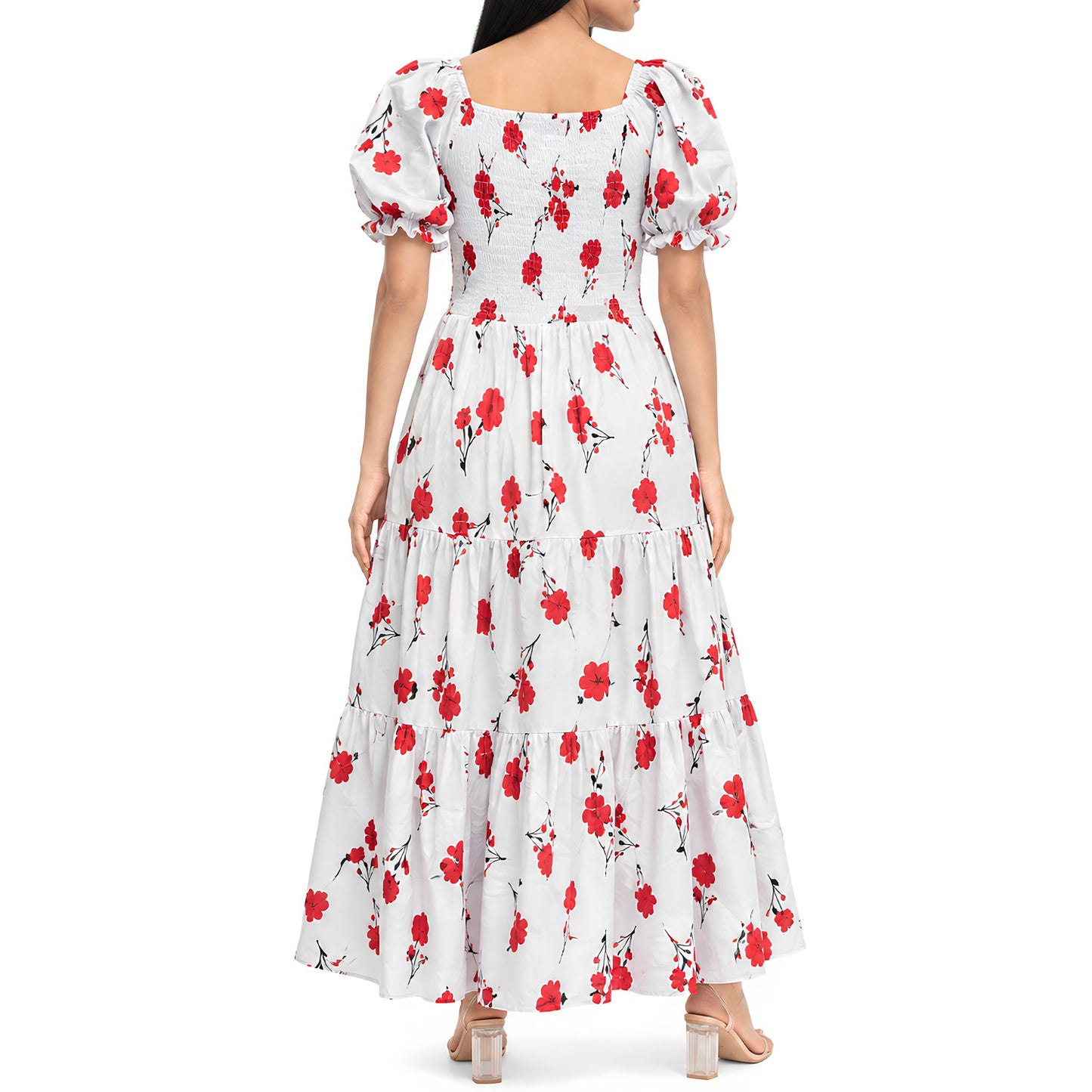 Red & White Floral Smocked Maxi Dress
