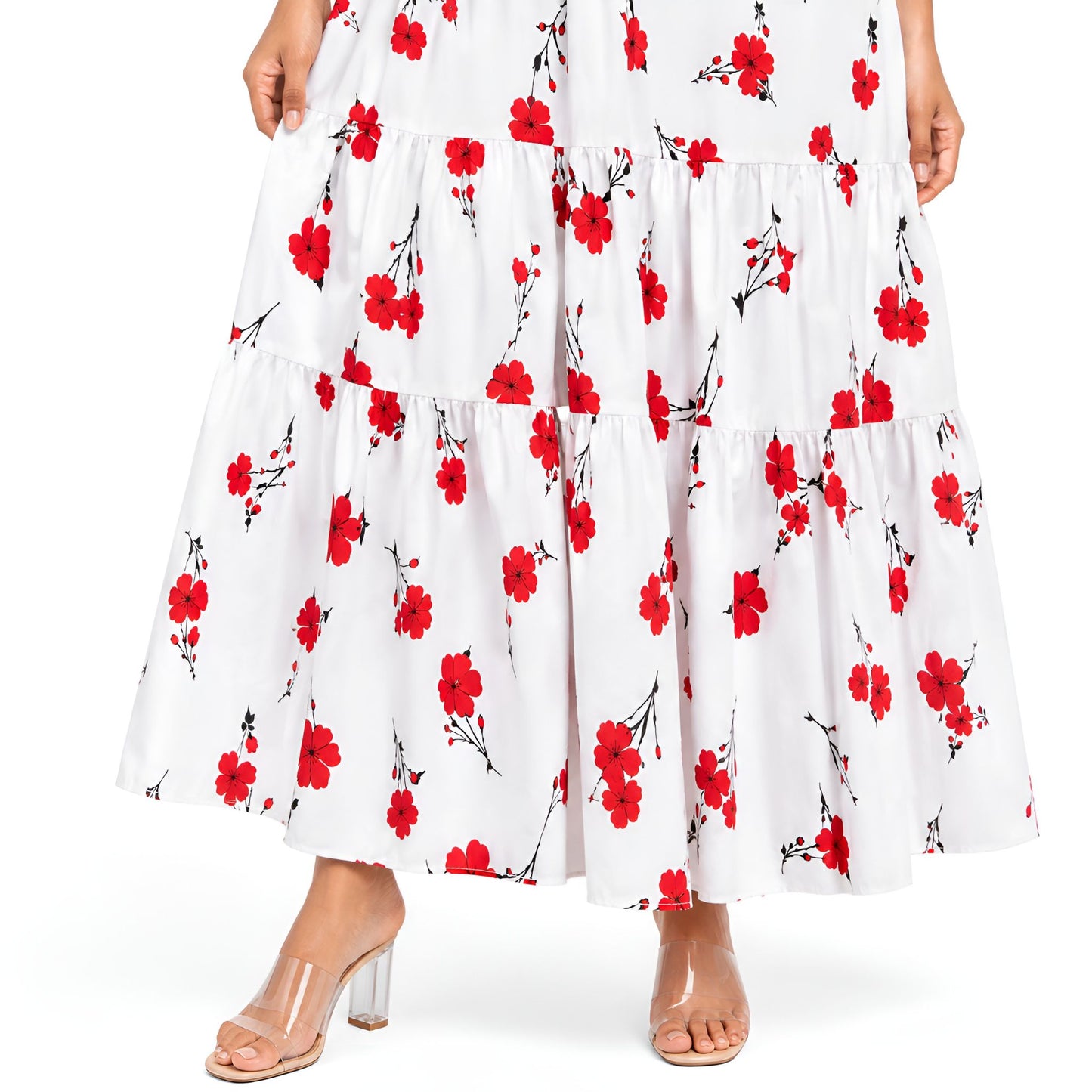 Red & White Floral Smocked Maxi Dress