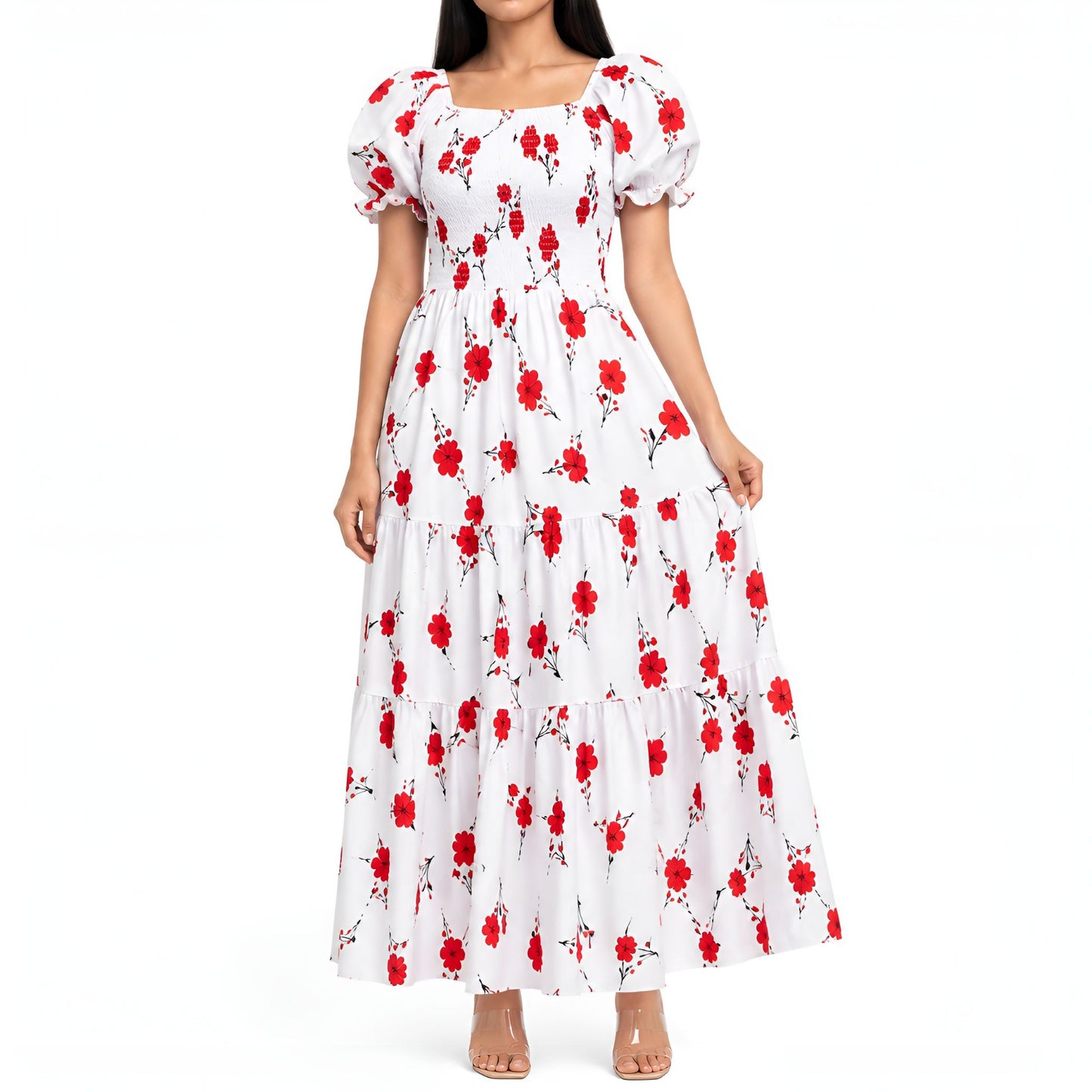 Red & White Floral Smocked Maxi Dress