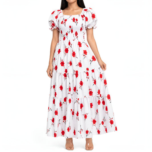 Red & White Floral Smocked Maxi Dress
