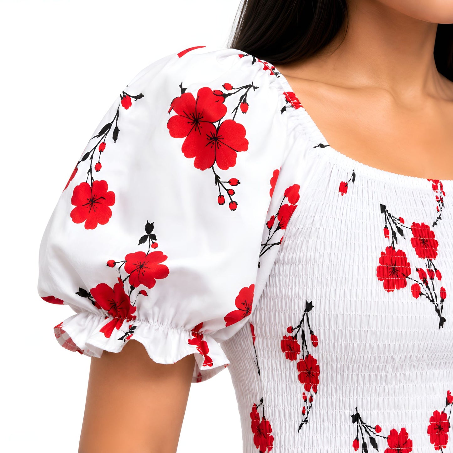 Red & White Floral Smocked Maxi Dress