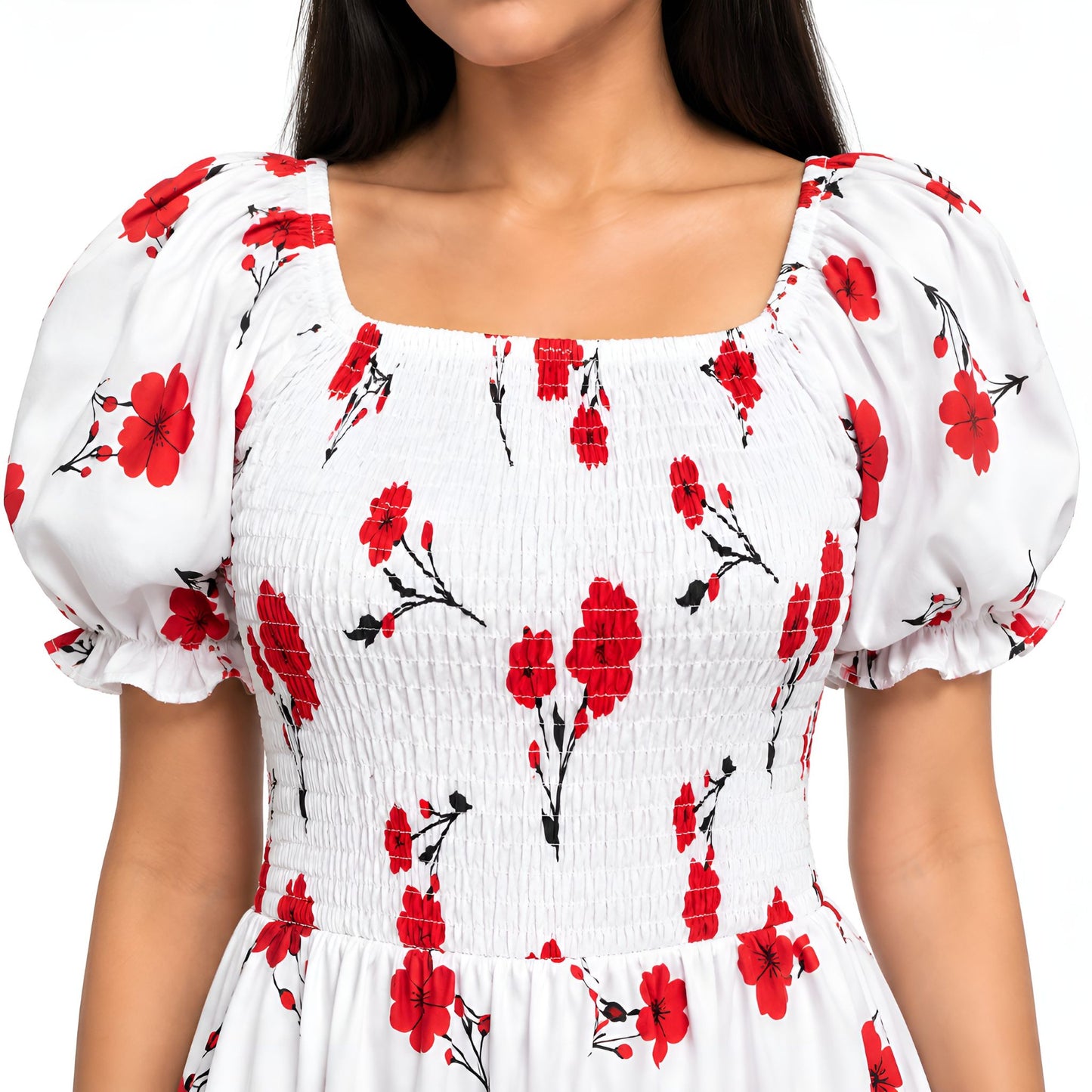 Red & White Floral Smocked Maxi Dress