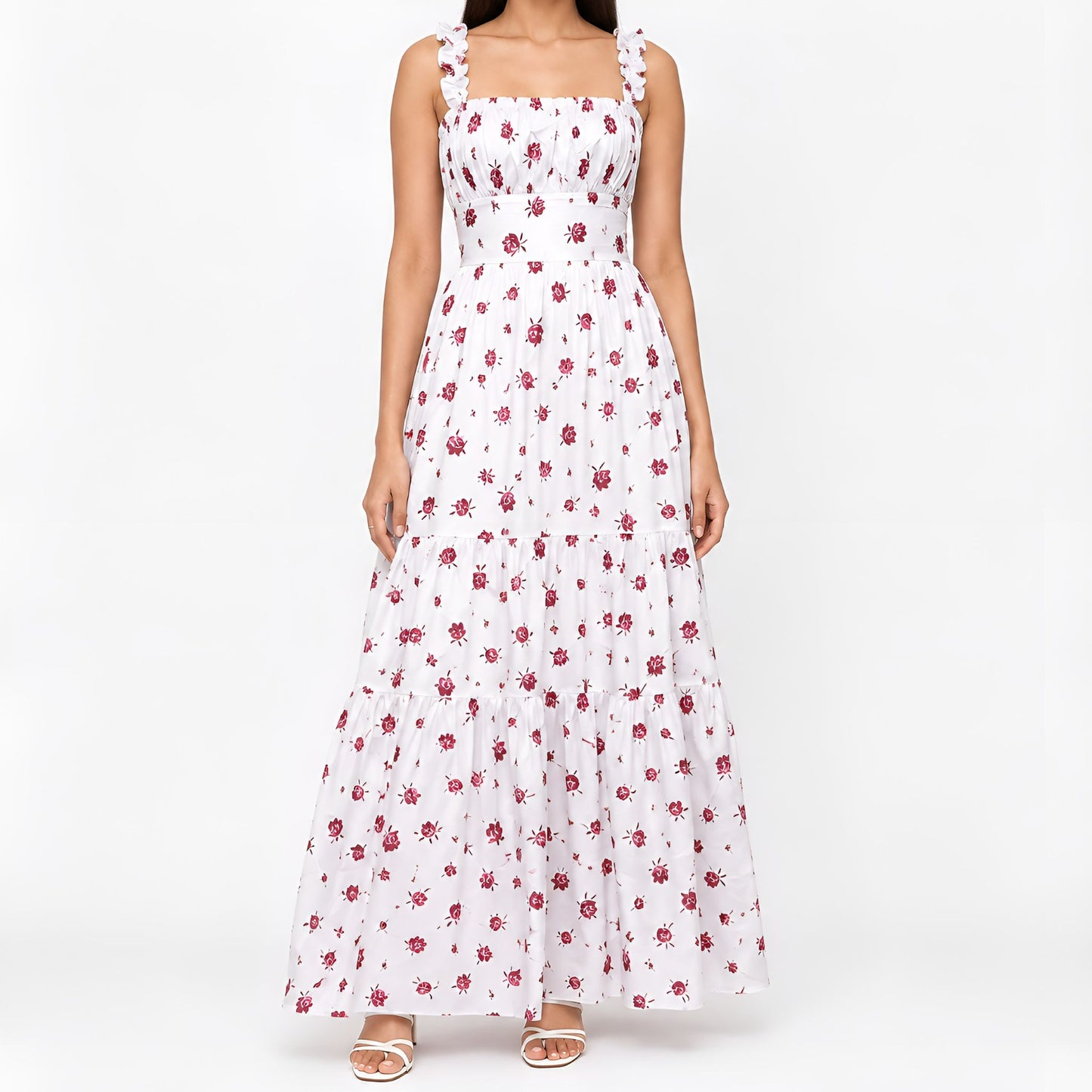 White & Red Floral Print Maxi Dress