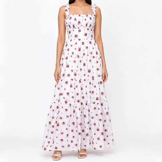 White & Red Floral Print Maxi Dress