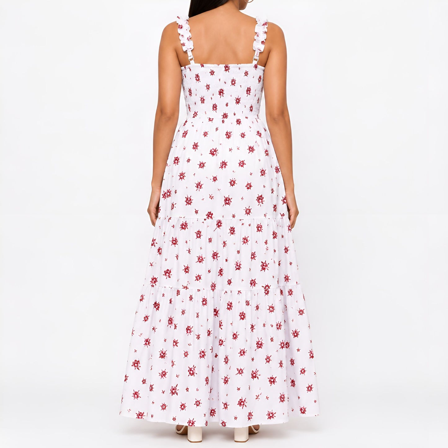 White & Red Floral Print Maxi Dress