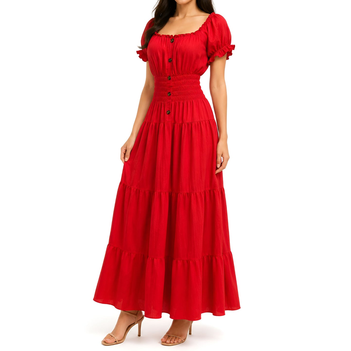 Red Smocked Maxi Dress