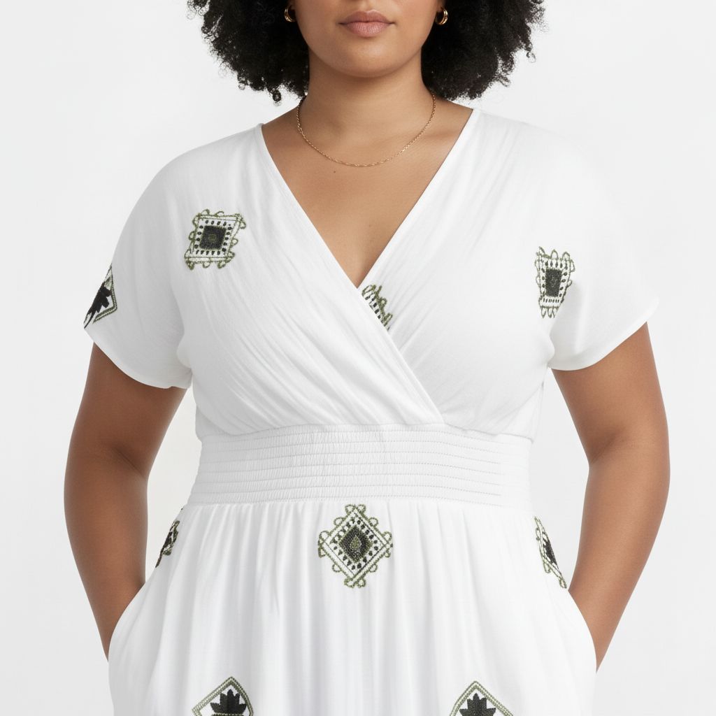 White/Green Embroidered Dress