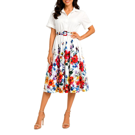 Floral Midi Shirt Dress - White