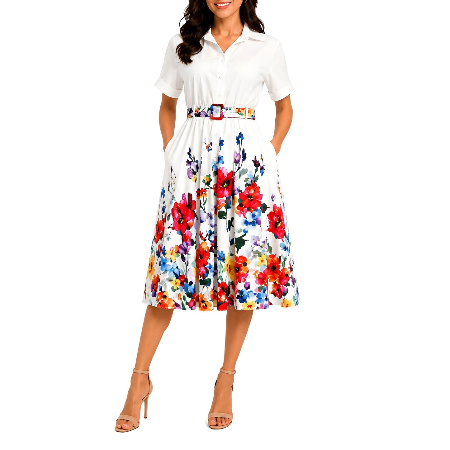 Floral Midi Shirt Dress - White