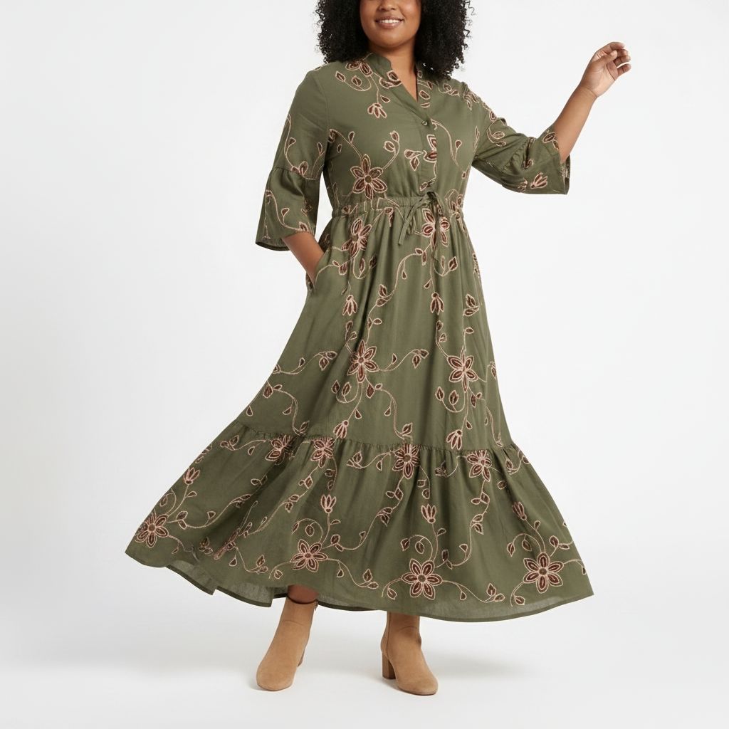 Olive Floral Drawstring Maxi Dress