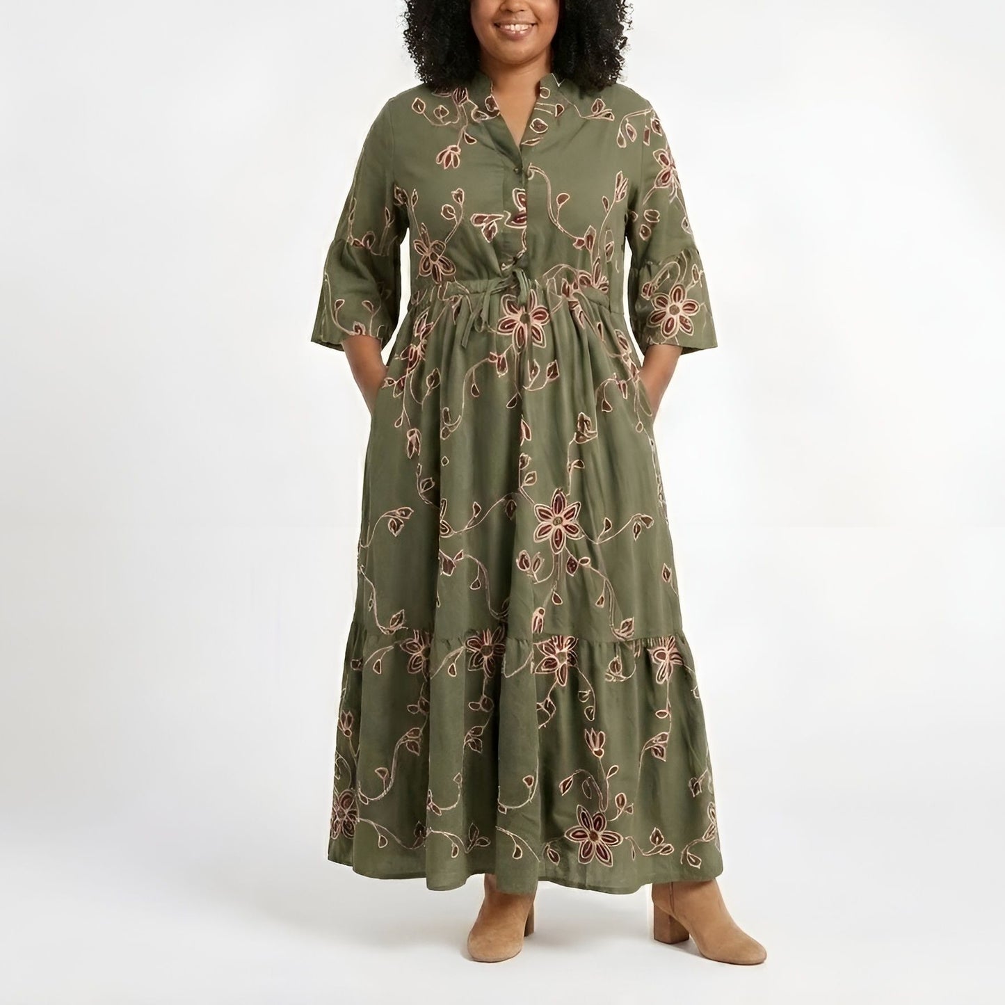 Olive Floral Drawstring Maxi Dress