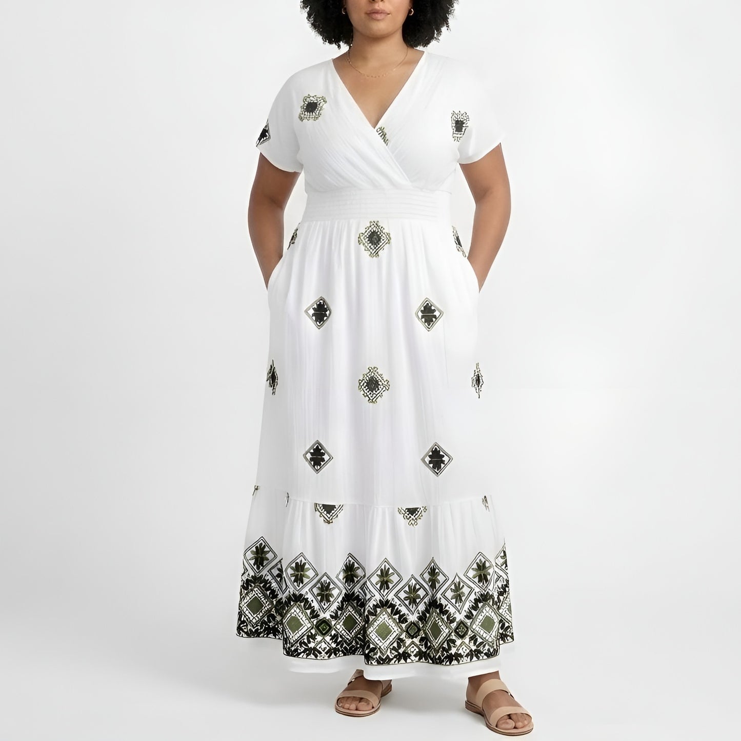 White/Green Embroidered Dress