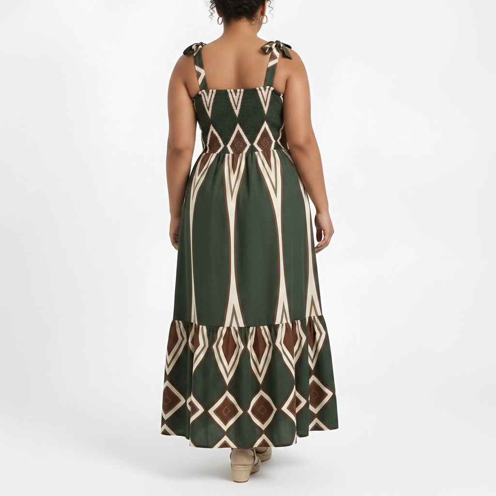Bohemian Smocked Maxi Dress - Olive/Brown