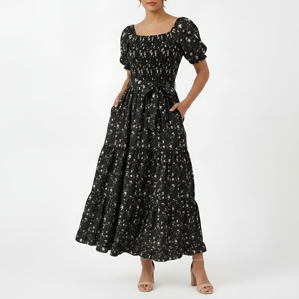 Black Floral Smocked Tiered Maxi Dress