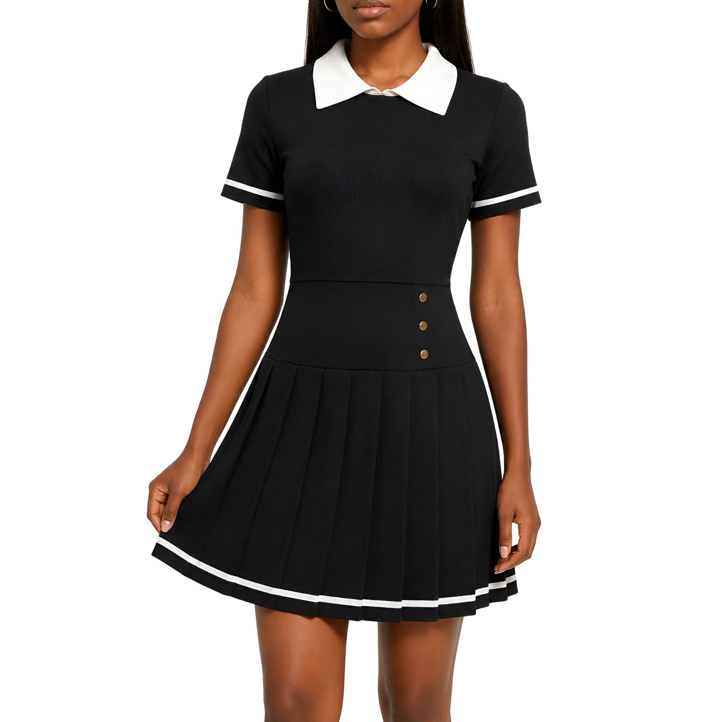 Collared Knit Pleated Dress – Black