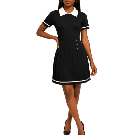 Collared Knit Pleated Dress – Black