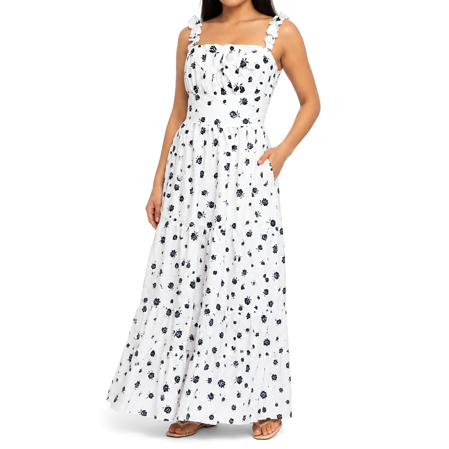 White & Black Floral Maxi Dress