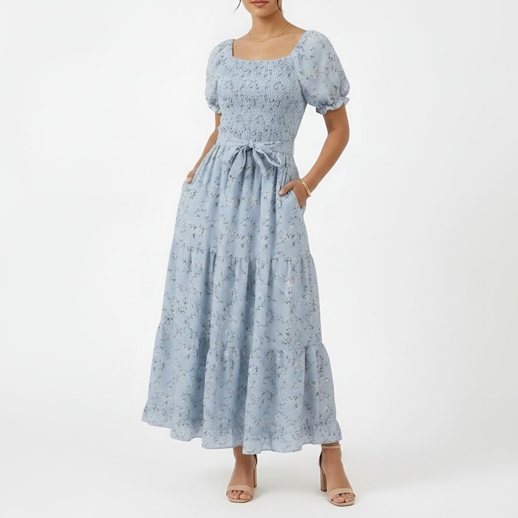 Light Blue Floral Smocked Maxi Dress