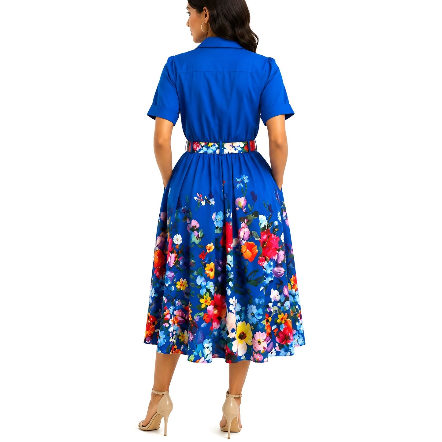 Floral Midi Shirt Dress - Royal Blue