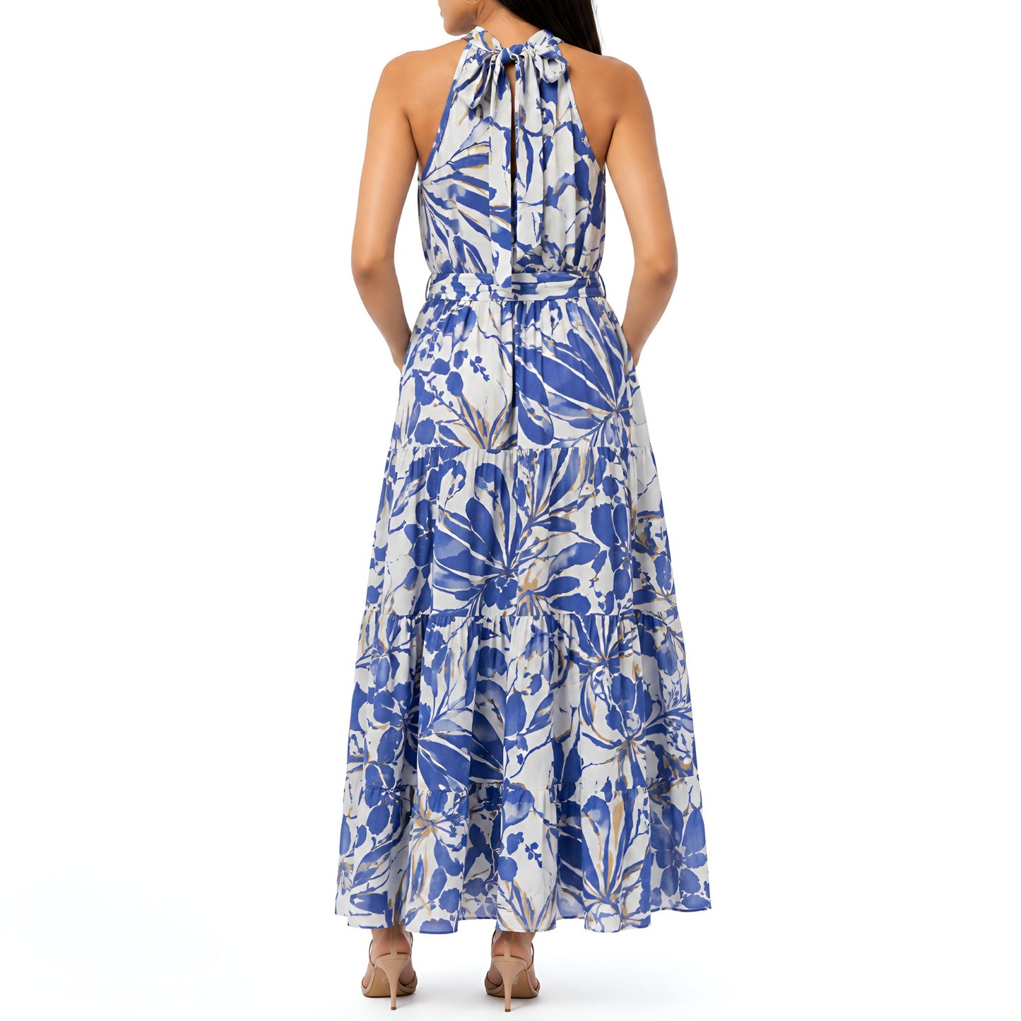 Blue Floral Halter Neck Maxi Dress