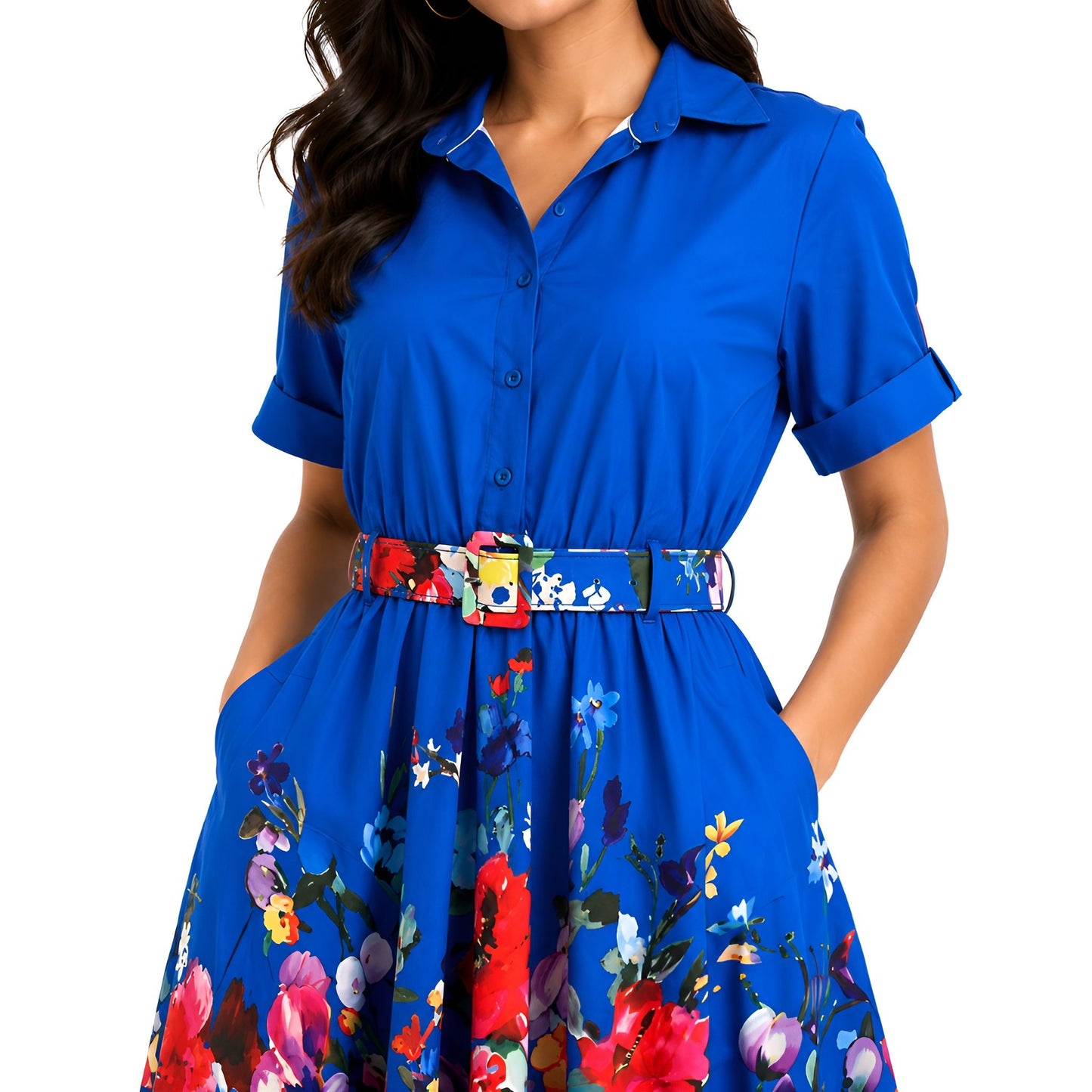 Floral Midi Shirt Dress - Royal Blue