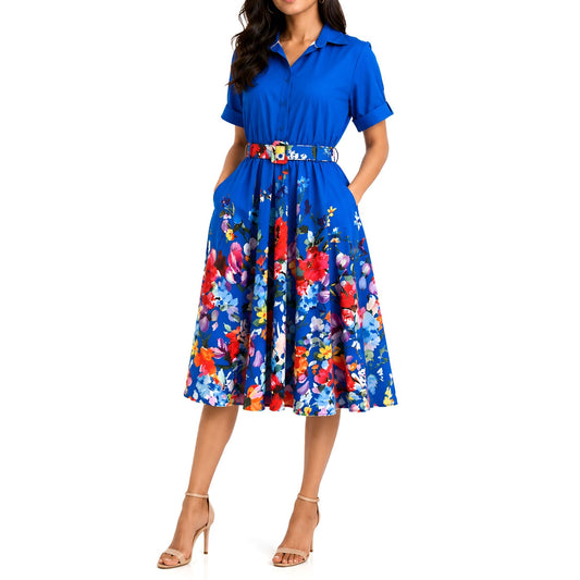 Floral Midi Shirt Dress - Royal Blue