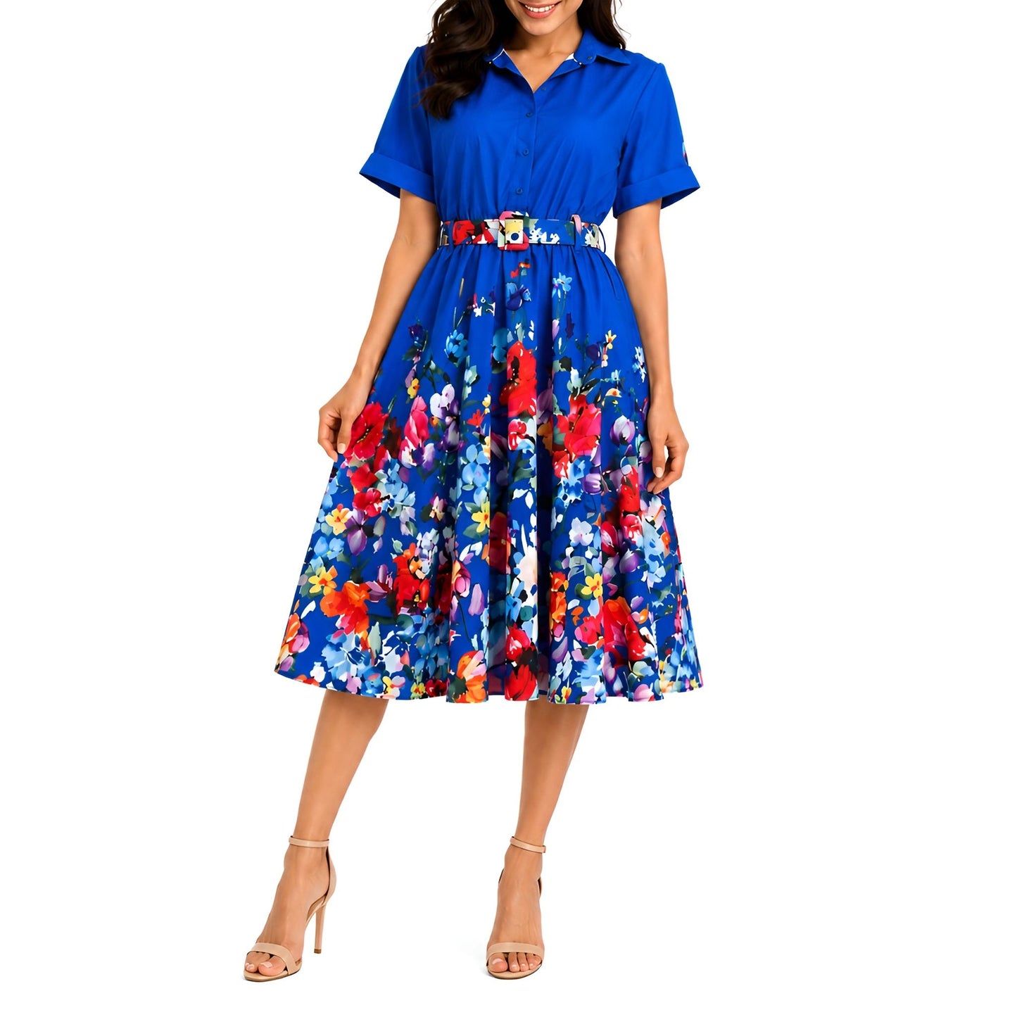Floral Midi Shirt Dress - Royal Blue