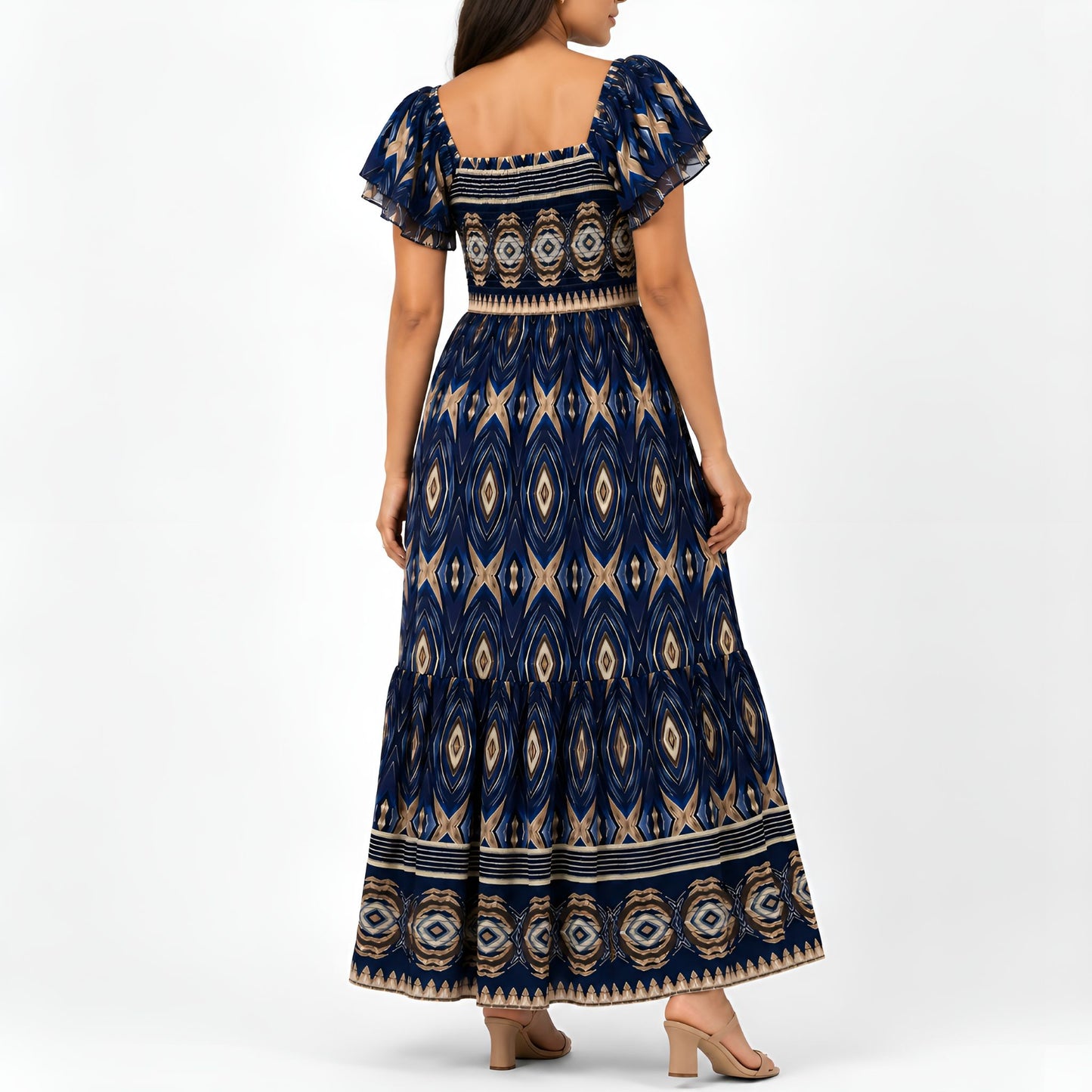 Blue Ikat Print Smocked Maxi Dress
