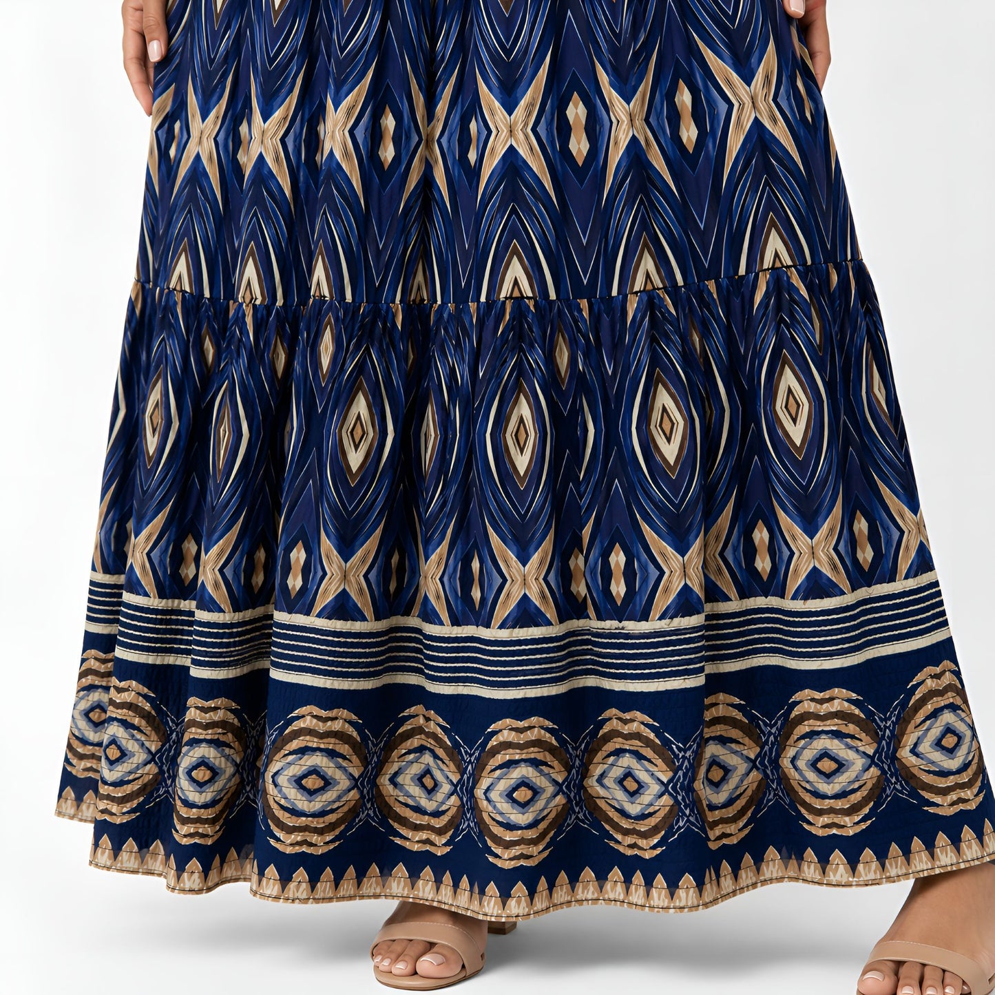 Blue Ikat Print Smocked Maxi Dress