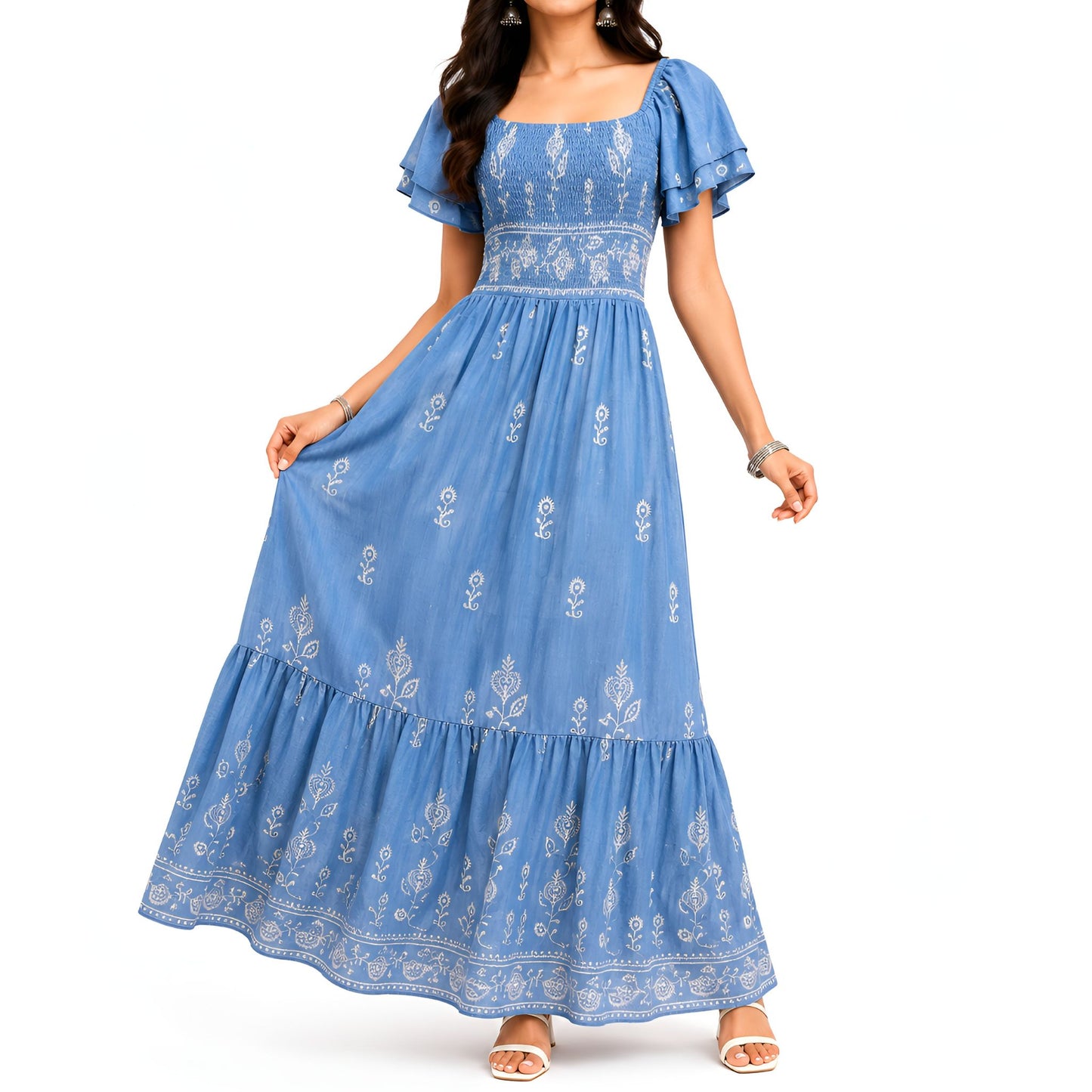 Blue Embroidered Maxi Dress