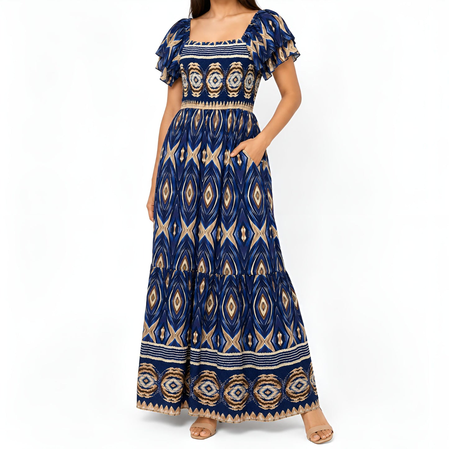 Blue Ikat Print Smocked Maxi Dress