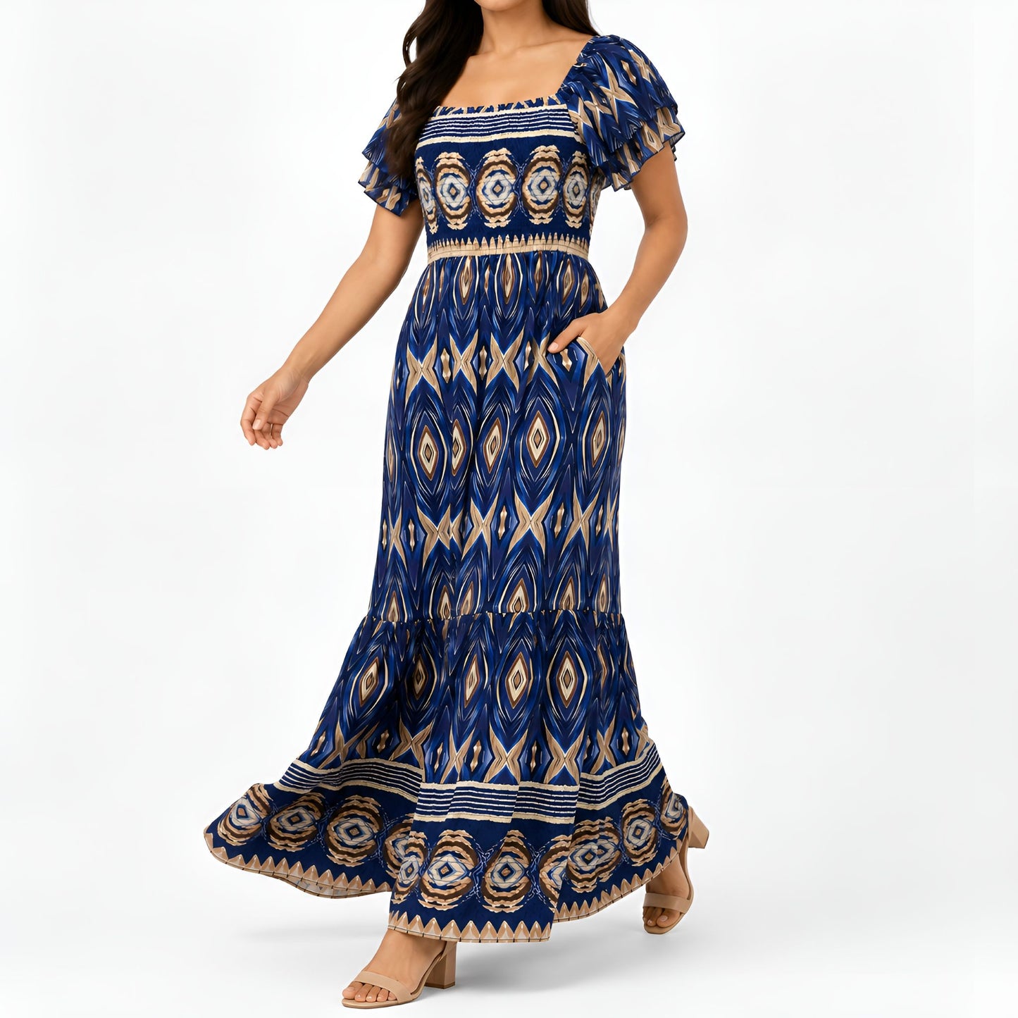 Blue Ikat Print Smocked Maxi Dress