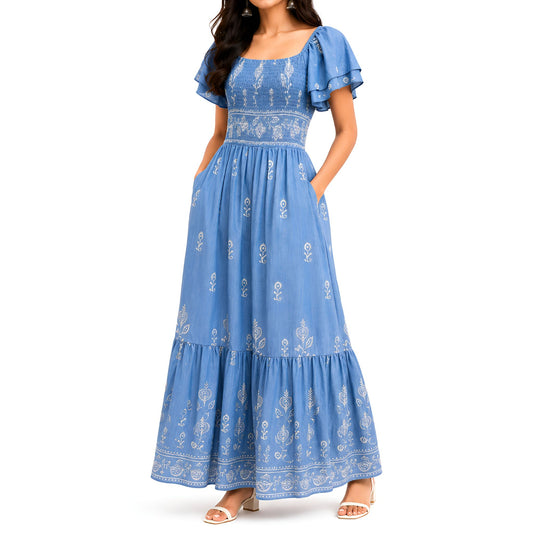 Blue Embroidered Maxi Dress