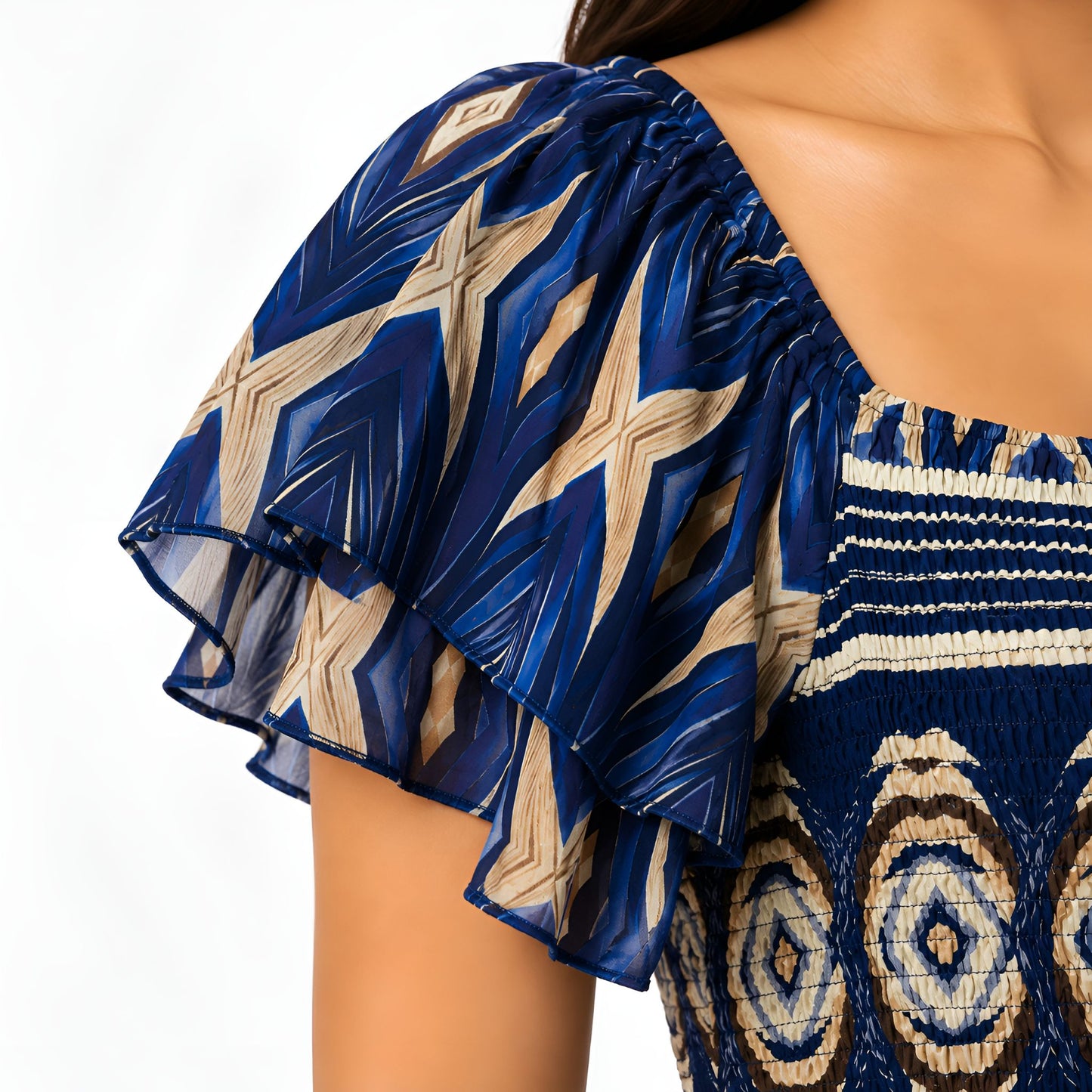 Blue Ikat Print Smocked Maxi Dress